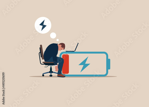 Software engineer with low battery. Burnout, overload. Fight burnout at work. Open source programming, digital products code. Modern flat vector illustration.
