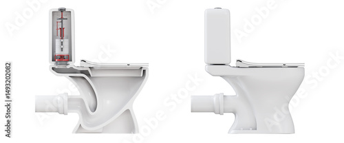 Cross section of toilet bowl isolated on transparent background. Technical detailed side view of the toilet bowl and tank illustrating internal and external structure. 3D illustration.