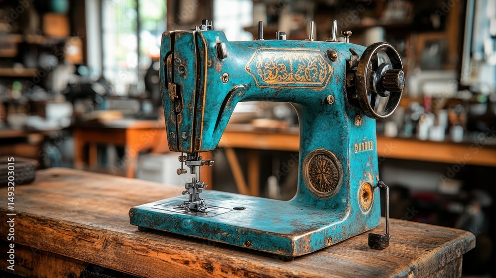 Fototapeta premium Antique teal sewing machine on wooden workbench