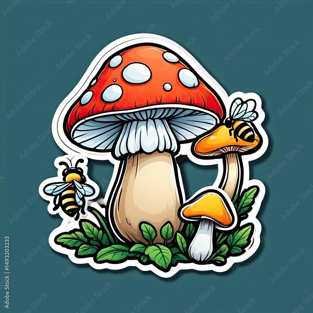 Colorful mushroom illustration featuring bees and vibrant foliage in a whimsical design style Colorful mushroom illustration featuring bees and vibrant foliage in a whimsical design style