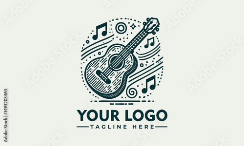 Vintage acoustic guitar illustration, detailed string instrument drawing, classic musical design
