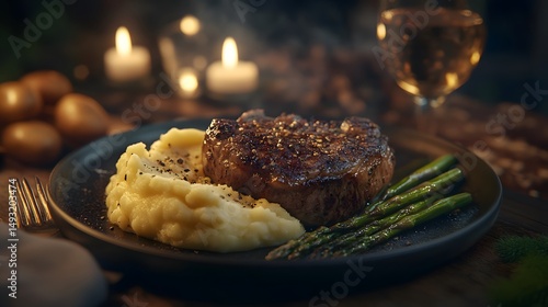 Roasted steak with mashed potatoes and asparagus, a gourmet meal.