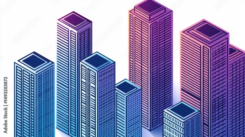 Fototapeta premium Modern skyscrapers in vibrant colors showcase a urban skyline, emphasizing architecture and city life, Ideal for business presentations, real estate marketing, or urban development concepts,