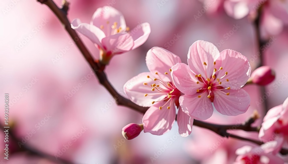 Obraz premium Delicate pink plum blossom, pollen dusted stamens, spring bloom, botany, spring flowers