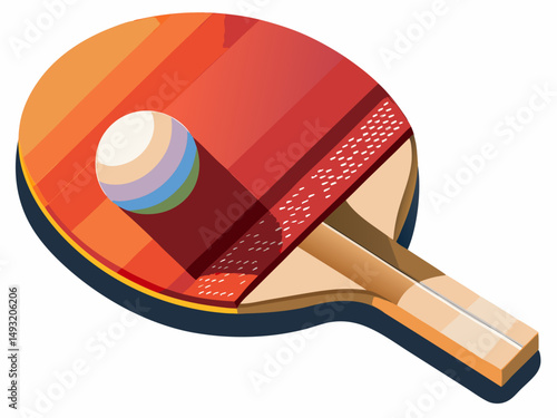 A flat vector of a classic table tennis paddle with a white ball. White background, simple ping pong setup
