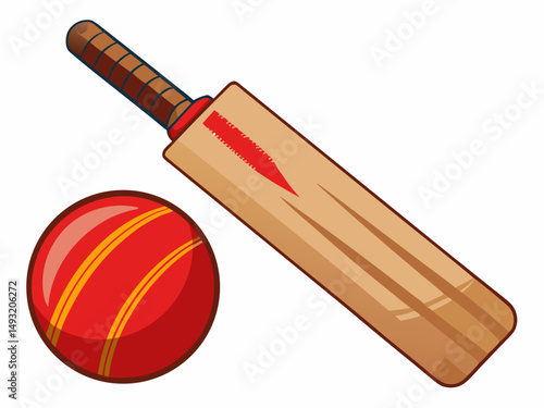 A wooden cricket bat with a red cricket ball resting on top. White background, classic cricket tool setup