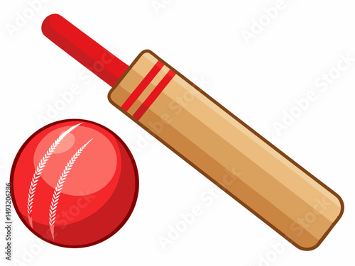 A wooden cricket bat with a red cricket ball resting on top. White background, classic cricket tool setup