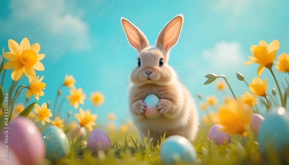 Fototapeta premium Fuzzy bunny with egg amidst daffodils