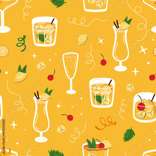 Seamless pattern with cartoon cocktails, pineapple and cherry. Colorful yellow cocktail pattern with refreshing drinks. Vector summer background with champagne, lemonade and pina colada.