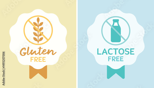 Food, drink, lactose free, gluten free, health, intolerance, zero wheat, nutrition, diet, vegan, plant-based milk, healthy. Label, tag, sticker, product, packaging, industry. Set, vector
