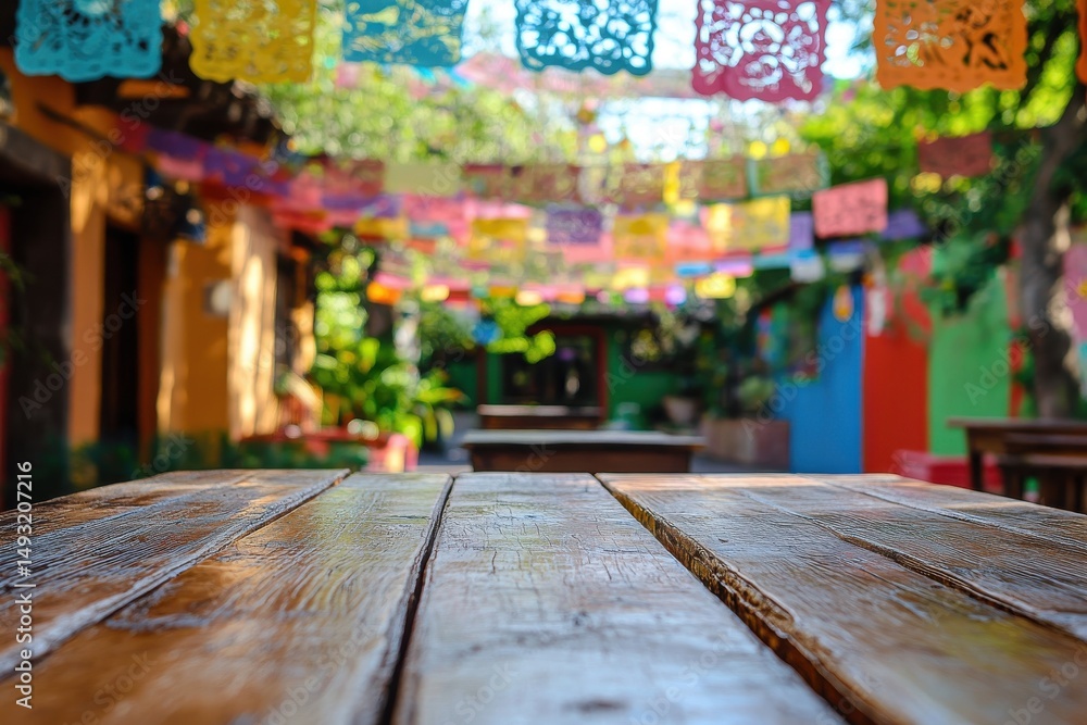 Fototapeta premium Wooden table with colorful fiesta decorations in blurred background