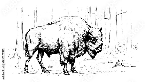 european bison in forest outline sketch style
