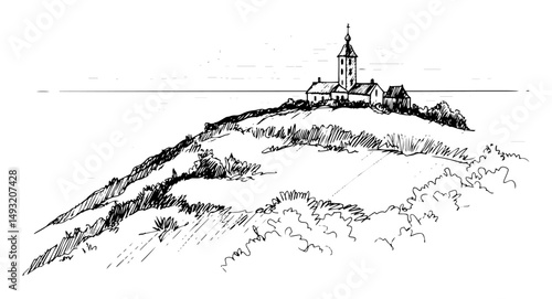church on hilltop landscape hand drawn vector illustration