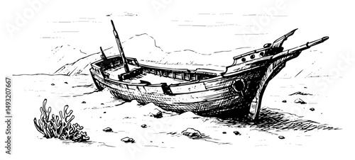shipwreck on sea floor in hand drawn outline vector style