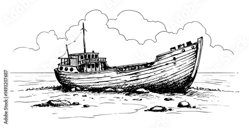 old fishing boat stranded on beach in monochrome sketch style