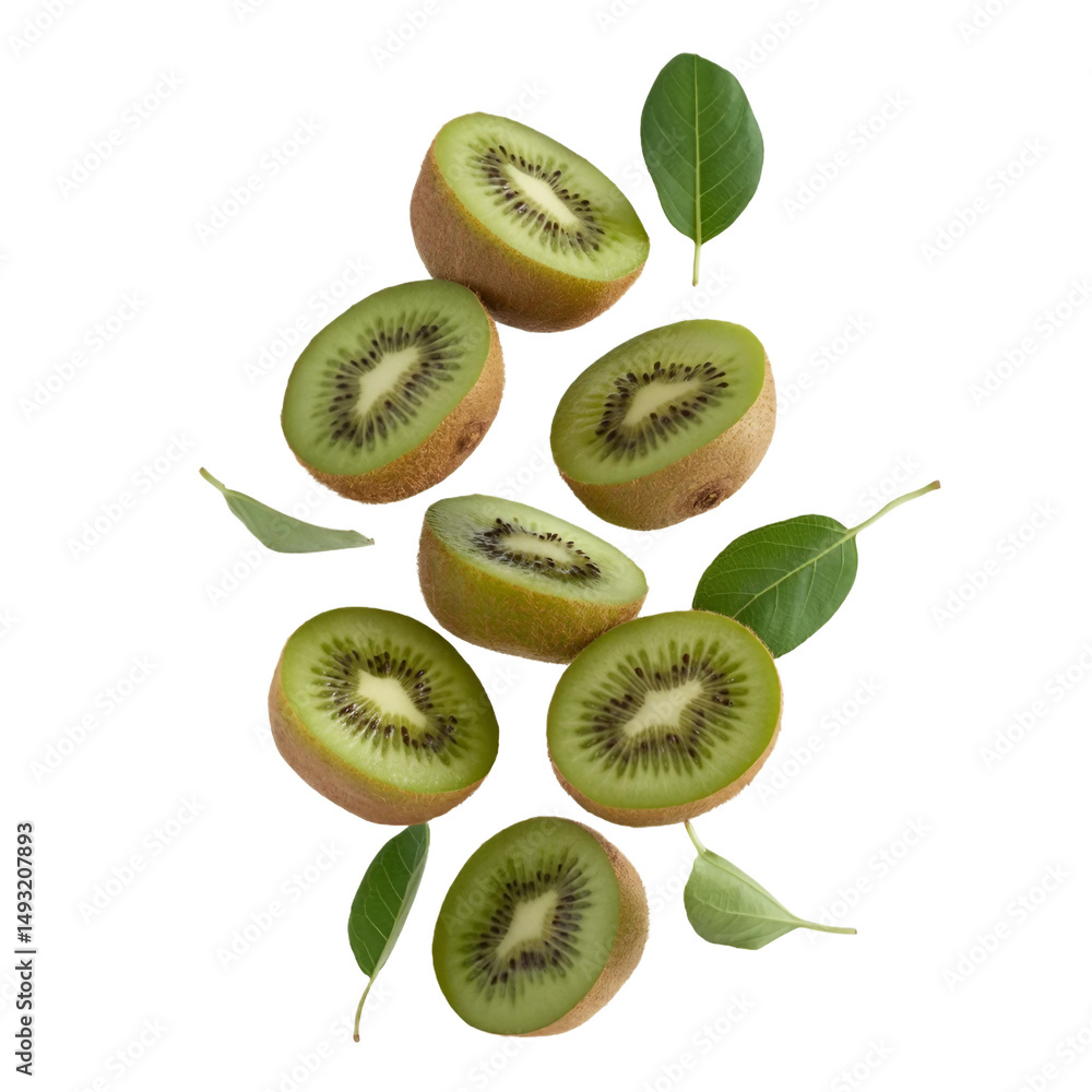 Fototapeta premium Fresh kiwi slices falling with green leaves isolated on white background