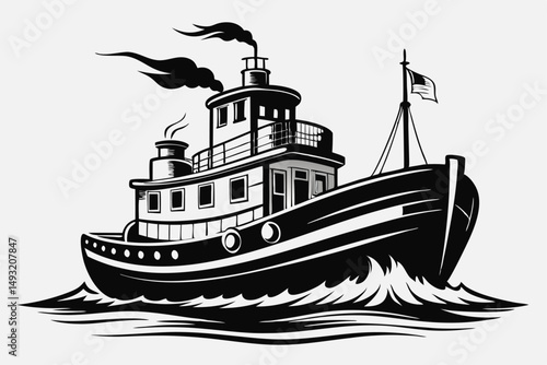 tugboat illustration black and white detailed