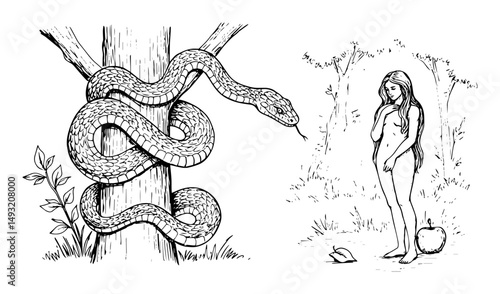 adam and eve with serpent in biblical garden scene