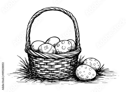 easter basket with decorated eggs in outline sketch style