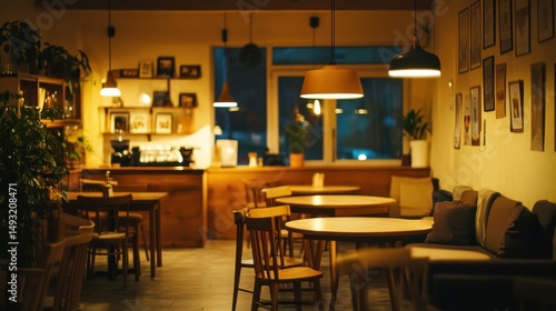 Cozy coffee shop with wooden furniture and warm lighting,