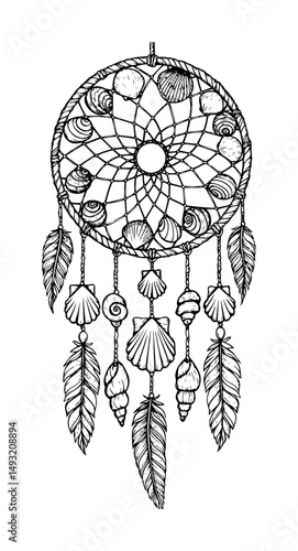 dreamcatcher drawing in detailed black engraving style