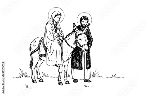 holy family on donkey journey in religious outline drawing