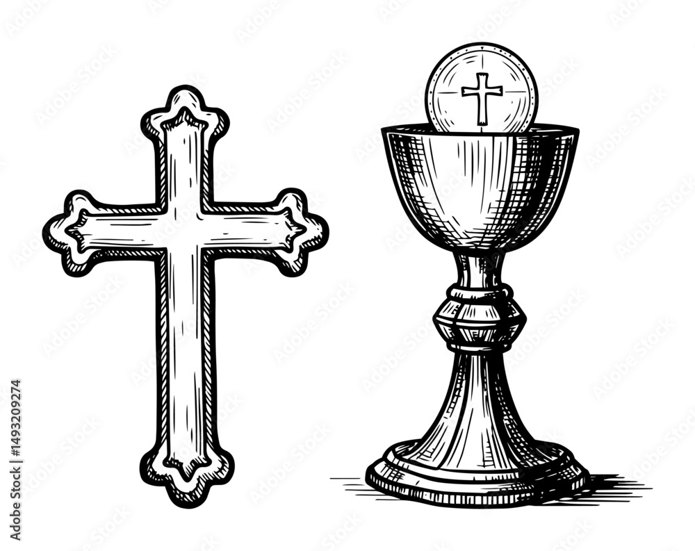 chalice with host and cross in religious sketch engraving style