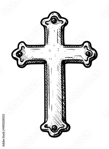 ornamental christian cross sketch in engraved black style