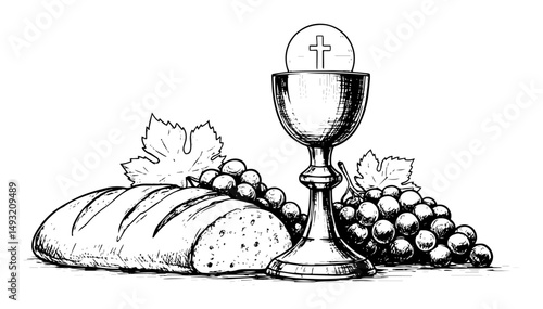 communion bread chalice grapes in black engraving outline