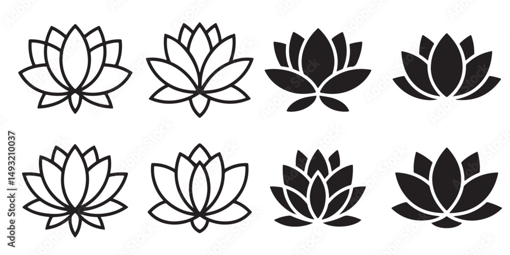 Fototapeta premium Black Lotus Flower Icons Set Silhouettes on White Background, Collection of Simple Line Art Lotus Flower Variations