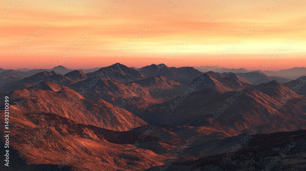 Fototapeta premium A panoramic view of rugged mountains at sunset, casting warm hues across the landscape, perfect for travel articles, nature themes, and serene backgrounds, Enhance projects with this stunning scenery