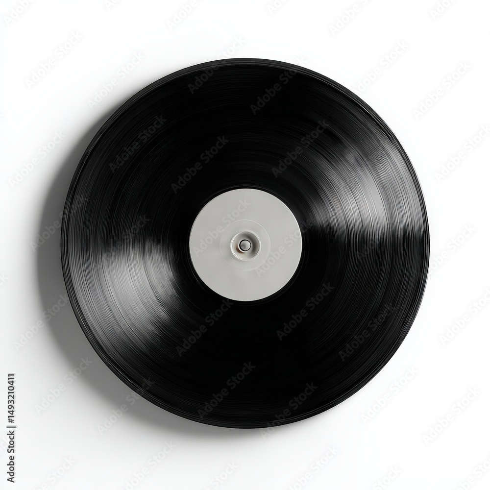 Obraz premium A classic black vinyl record with a grey label, set against a stark white background. A timeless piece of music history.