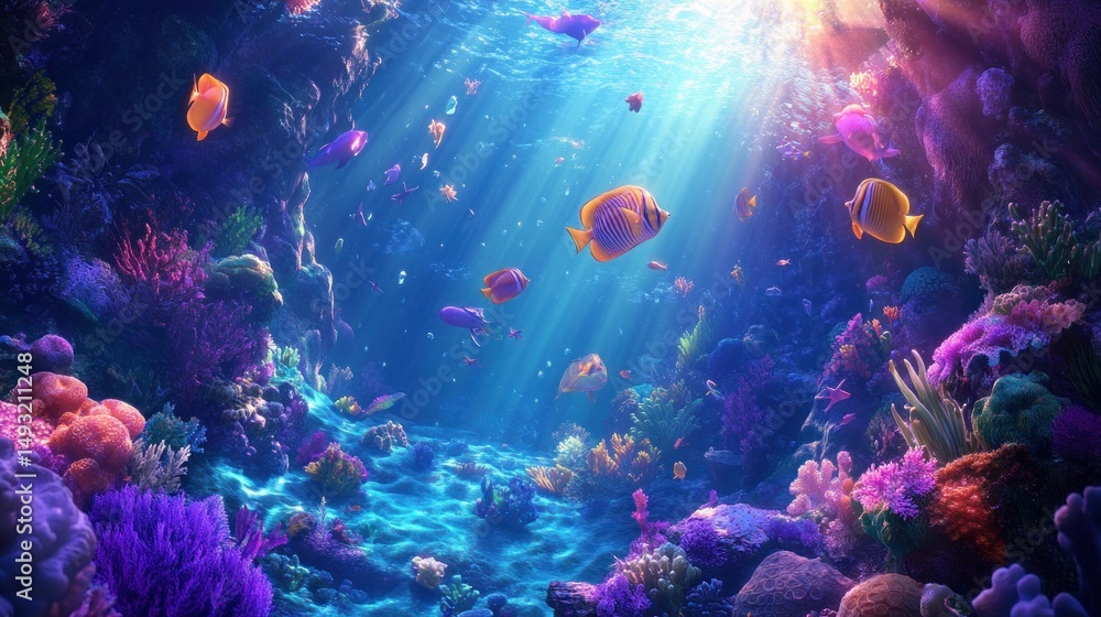 Fototapeta premium Vibrant coral reef teeming with colorful fish. Sunlight streams through the water