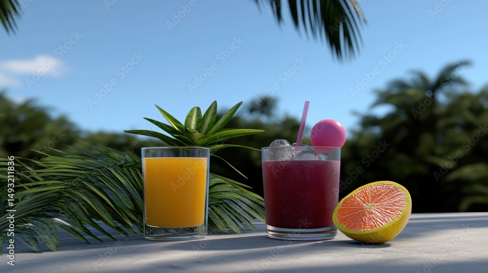 Fototapeta premium Vibrant tropical scene featuring two refreshing drinks a bright orange juice and a colorful mixed beverage with ice, surrounded by lush greenery, Ideal for summer promotions or travel ads,