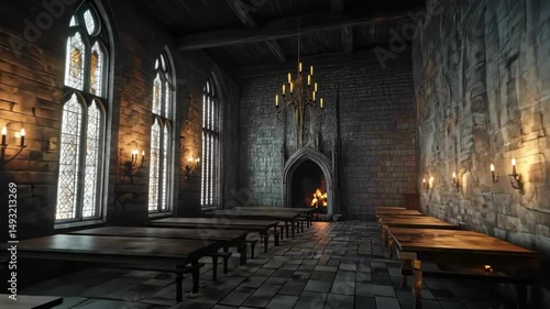 Medieval Great Hall interior with long tables and arched windows
