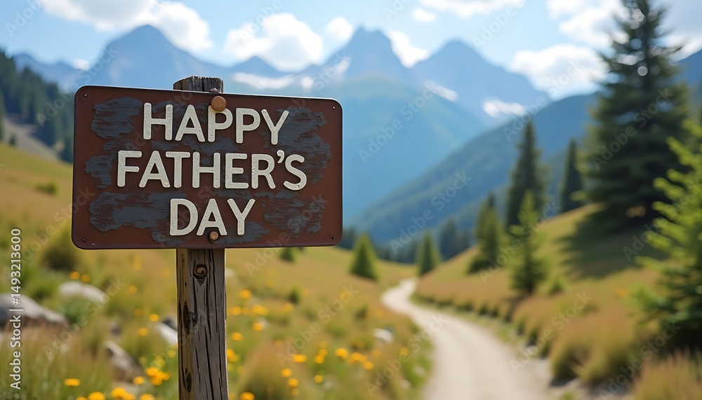 Happy Father's Day Sign on Mountain Trail for Holiday Celebration Happy Father's Day Sign on Mountain Trail for Holiday Celebration