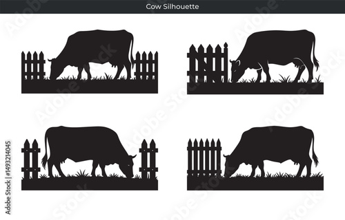 Silhouettes of cows grazing near wooden fences in various positions on white background