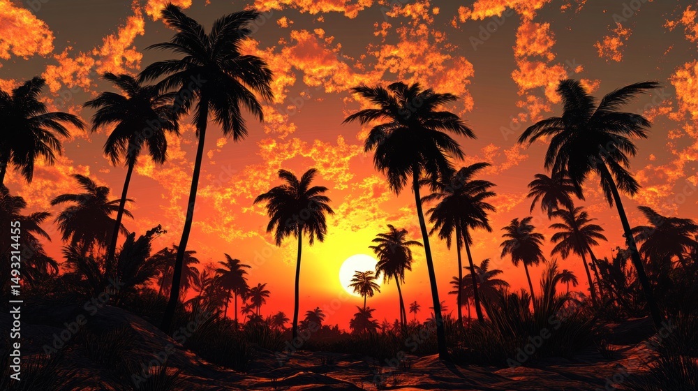 Naklejka premium Tropical sunset silhouettes