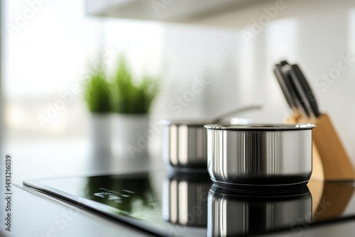 Modern kitchen scene featuring stainless steel pots on an induction cooktop with blurred background of greenery and kitchen utensils, creating a stylish culinary atmosphere.