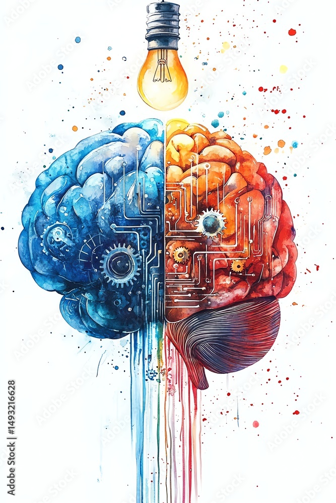 Watercolor clipart of a technological brain merging logic and creativity, gears and circuits inside, light bulb above, isolated white background