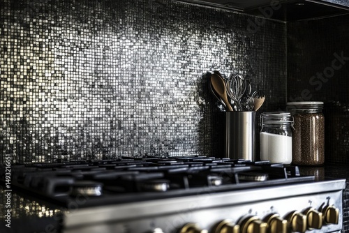 Modern Kitchen Scene with Elegant Mosaic Backsplash Featuring Cooking Utensils and Glass Jars, Showcasing a Sleek Stainless Steel Gas Range and Black Countertop