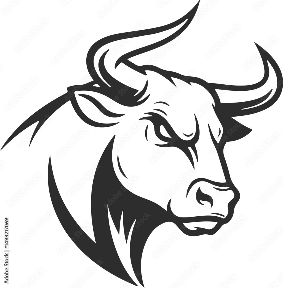 Bull icon with sharp horns, logo of an aggressive bull with a stern look in black. Bull icon with sharp horns, logo of an aggressive bull with a stern look in black.
