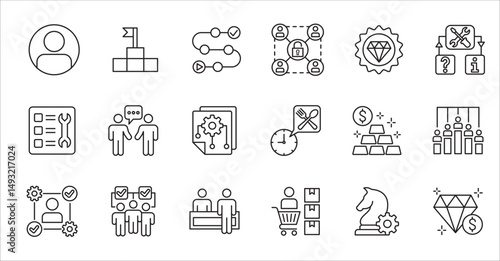 Business company and Management icon set. Contains symbol of success, data, reward, work, money, employee, businessman, target, finance, lunchtime, task, shop, meeting, education. Vector illustration