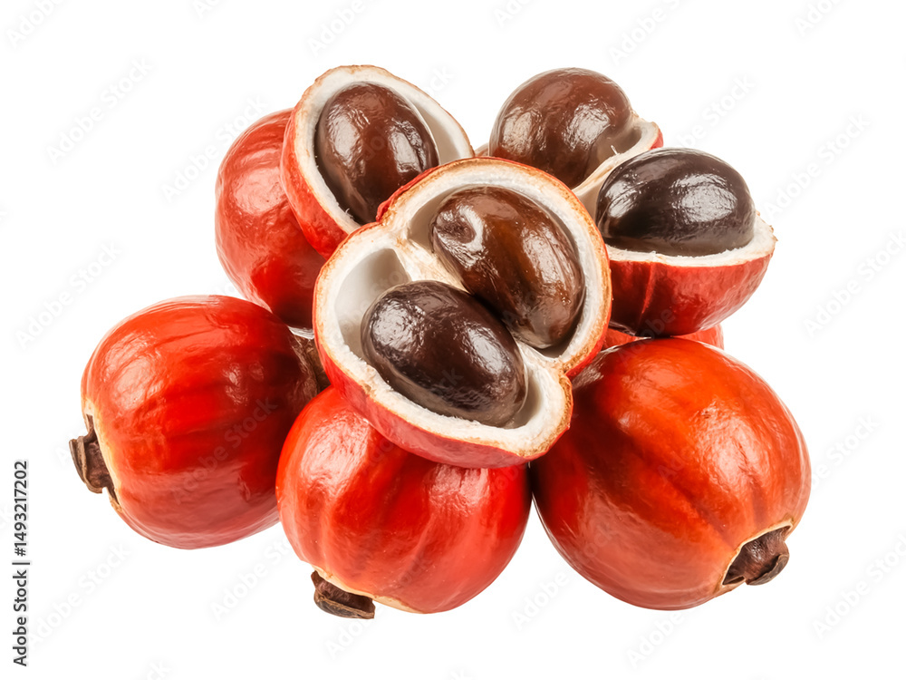 Obraz premium A fresh guarana fruit cluster isolated on white background red shells opened glossy black seeds