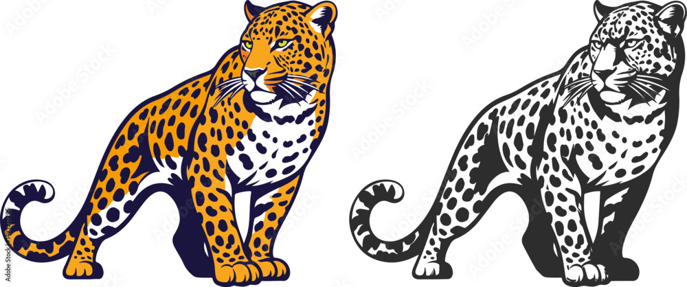 Obraz premium Two leopard icons, one leopard in color, the other silhouette in black, realistic vector image of a leopard.
