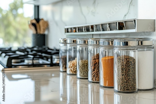 Modern Kitchen Spice Organization in Glass Containers on Countertop with Elegant Design and Minimalist Aesthetic Highlighting Culinary Ingredients and Cookware