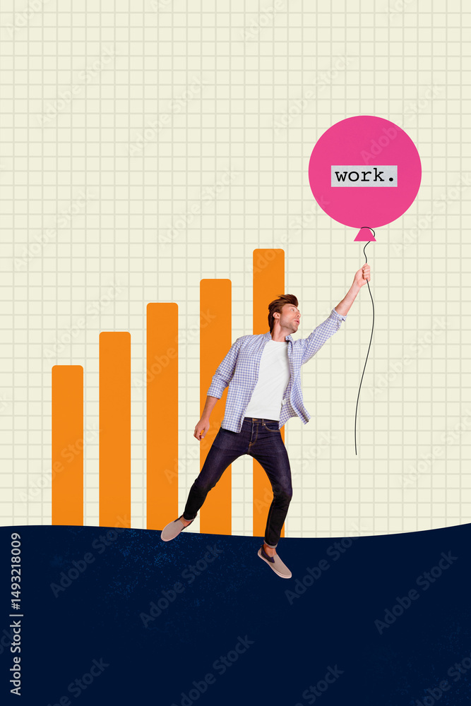 Fototapeta premium Creative poster collage of person hold air balloon work with graphs on yellow background