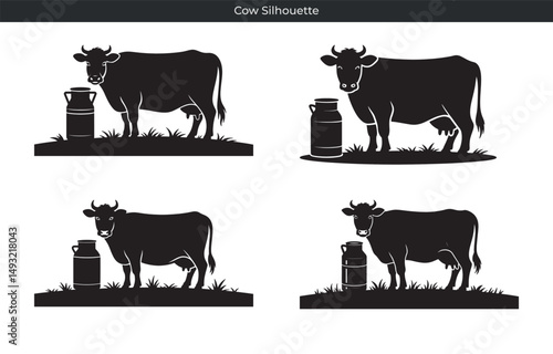 Silhouettes of cows and milk cans in a minimalist monochrome style for design projects