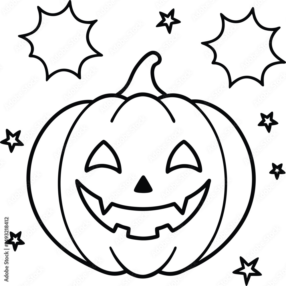 Fototapeta premium Smiling Jack-O’-Lantern Coloring Page with Stars and Comic Style Effects