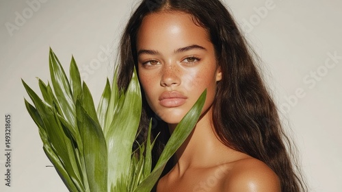 Woman with green foliage portrait